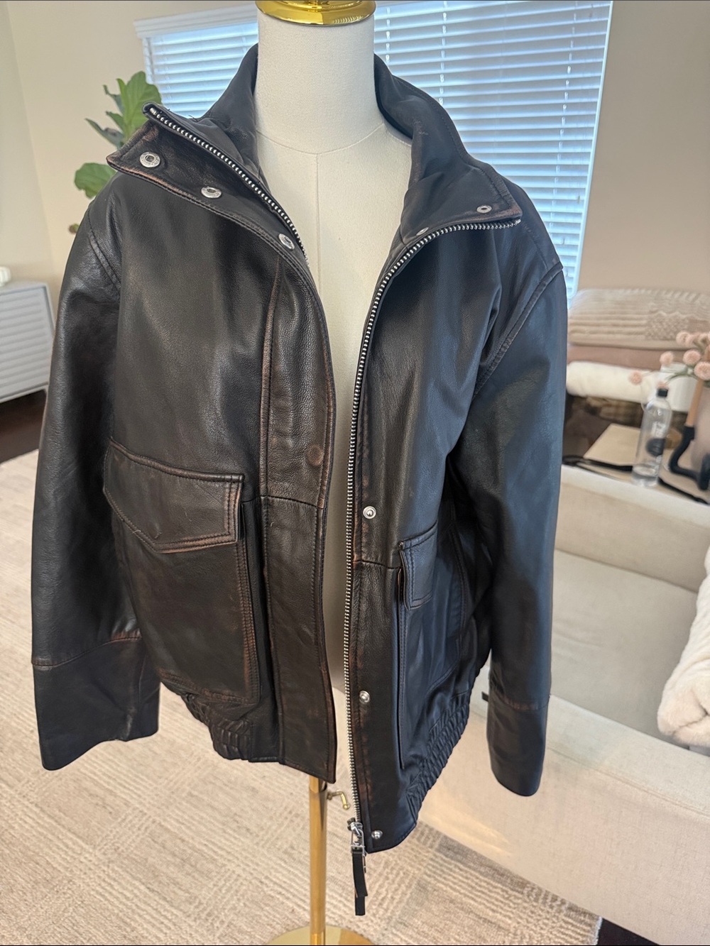 Zara Black Leather Bomber Jacket